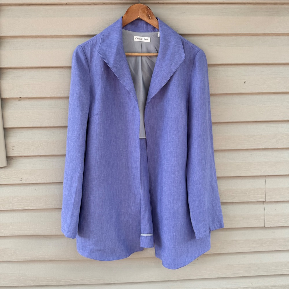 Coldwater‎ Creek Womens 12 Linen Blazer Purple Open Front Notched Lapel Career